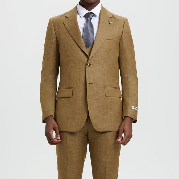 Stacy Adams Sharkskin 3pc Suit w/ Expandable Waistband, Tanned Mustard - Picture 6 of 6